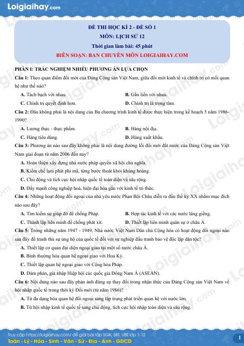 Đề thi học kì 2 Lịch sử 12 - Đề số 1